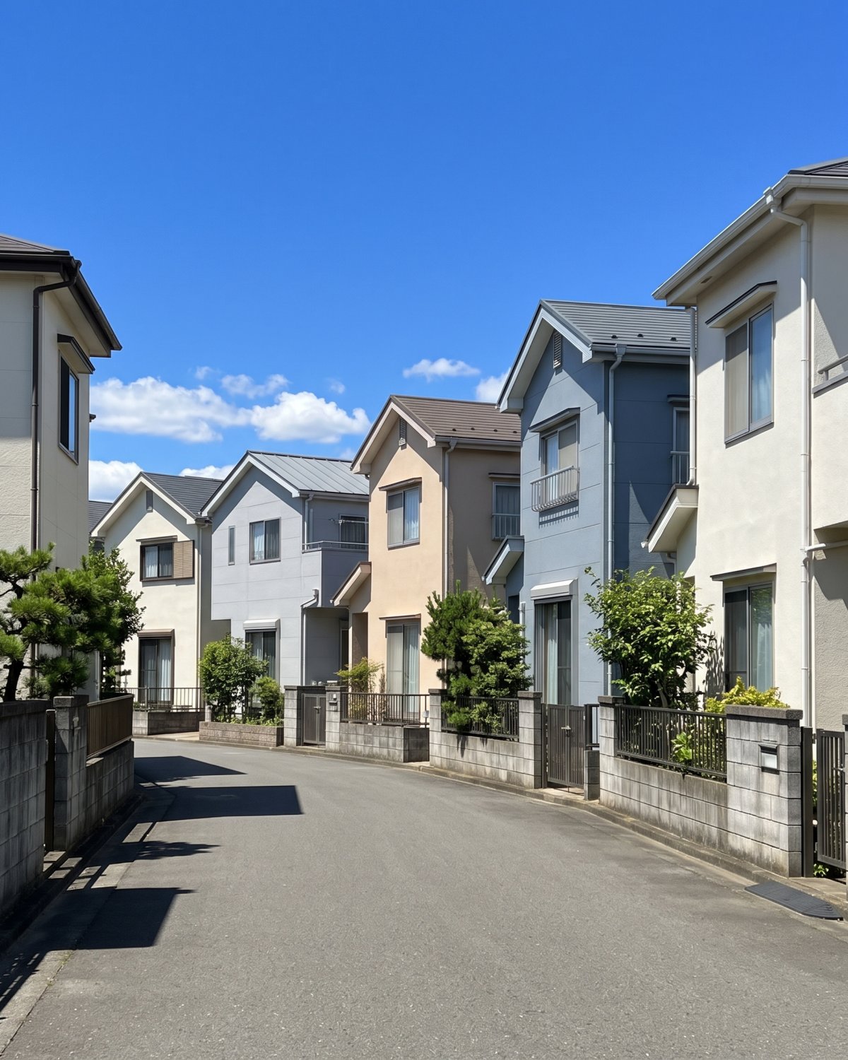 住宅街の道の先に並ぶ、塗り替えた家々（見本の画像）
